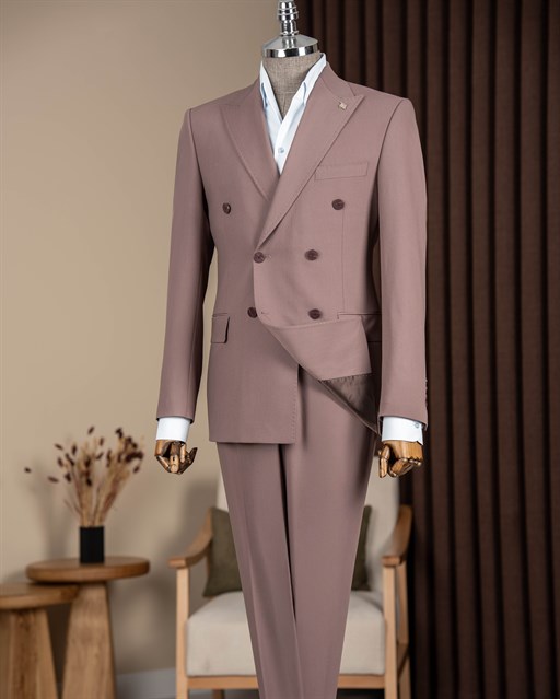 Slim fit erkek sivri yaka kruvaze takım elbise gülkurusu T20139-30