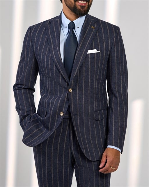 Slim fit sivri yaka çizgili yün karışımlı kombin takım elbise lacivert T20324-02