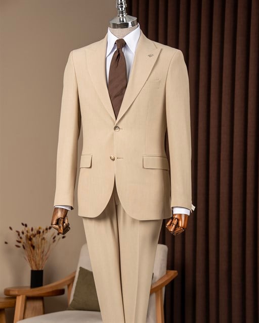 İtalyan stil slim fit erkek sivri yaka ceket pantolon takım elbise camel T20082-11