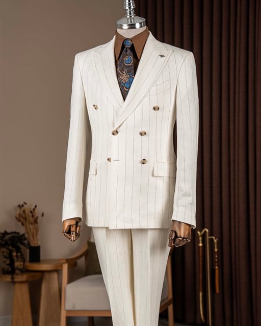 Slim fit erkek kruvaze sivri yaka keten çizgili ceket pantolon takım elbise ekru T20100-05