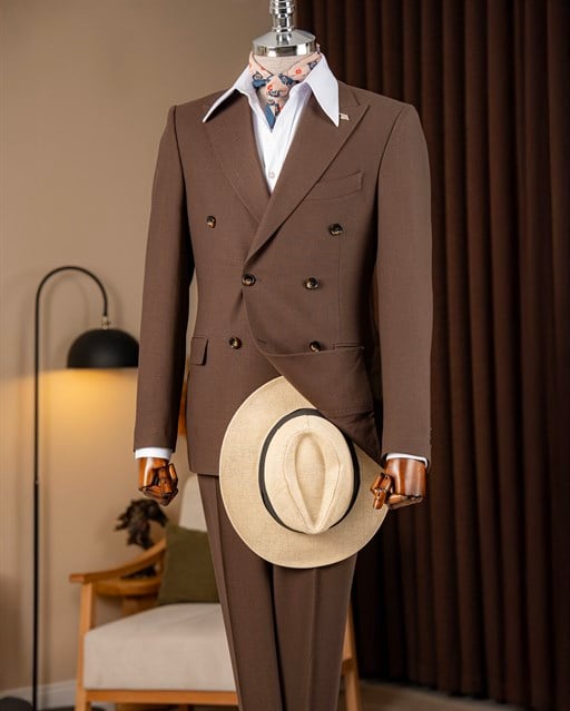 Slim fit erkek kruvaze sivri yaka ceket pantolon takım elbise açık kahve T20097-31