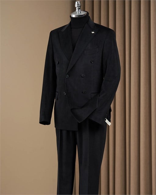 Slim fit sivri yaka kadife kalın fitilli erkek takım elbise siyah T20179-01