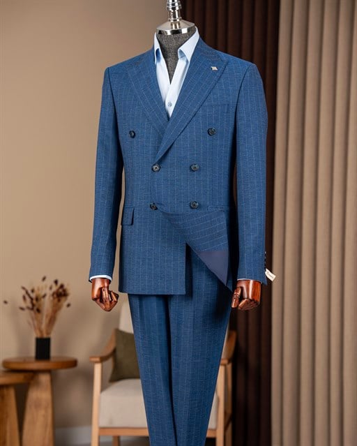 Slim fit erkek sivri yaka çizgili kruvaze takım elbise lacivert T20137-02