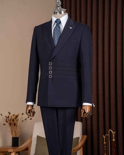 Slim fit erkek sivri yaka şerit detaylı tokalı takım elbise lacivert T20146-02