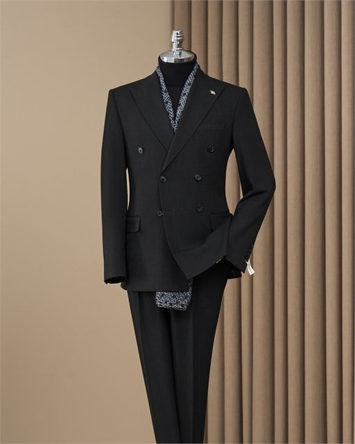 Slim fit kruvaze sivri yaka kapak cep çizgili erkek takım elbise siyah T20205-01