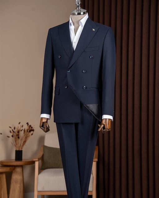 Slim fit erkek sivri yaka kruvaze takım elbise lacivert T20139-02