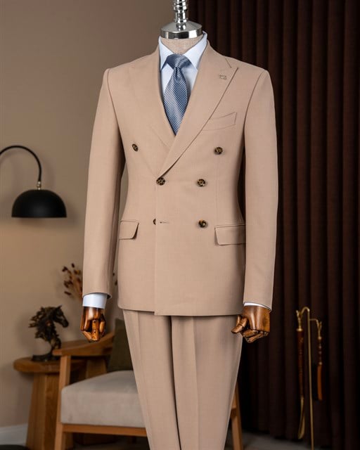 Slim fit erkek kruvaze sivri yaka ceket pantolon takım elbise vizon T20097-26