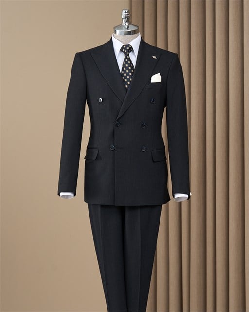 Slim fit kruvaze sivri yaka kapak cep çizgili erkek takım elbise lacivert T20205-02