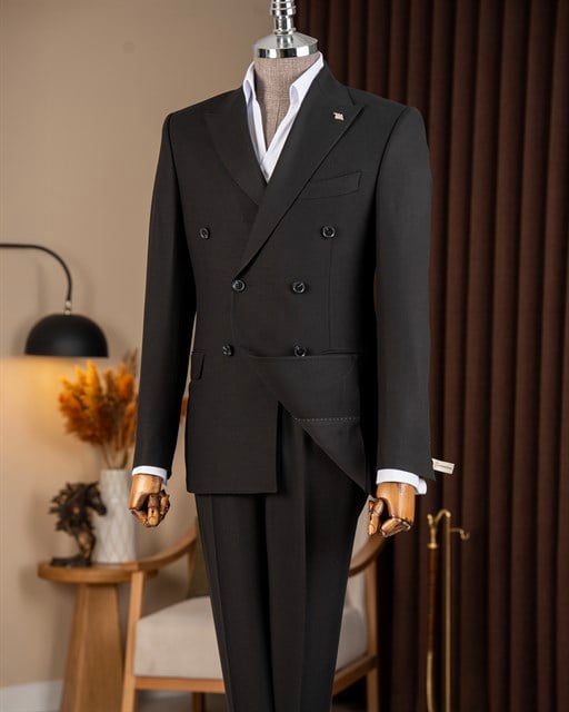 Slim fit erkek kruvaze sivri yaka ceket pantolon takım elbise siyah T20097-01