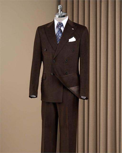 Slim fit sivri yaka kadife kalın fitilli erkek takım elbise kahverengi T20179-03