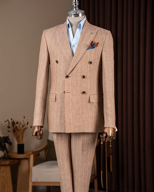 Slim fit erkek kruvaze sivri yaka keten çizgili ceket pantolon takım elbise kahverengi T20100-03