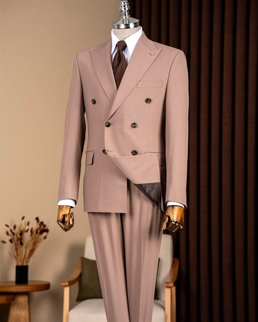 Slim fit erkek sivri yaka kruvaze takım elbise vizon  T20139-26