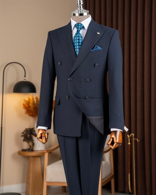 Slim fit erkek kruvaze sivri yaka ceket pantolon takım elbise lacivert T20097-02