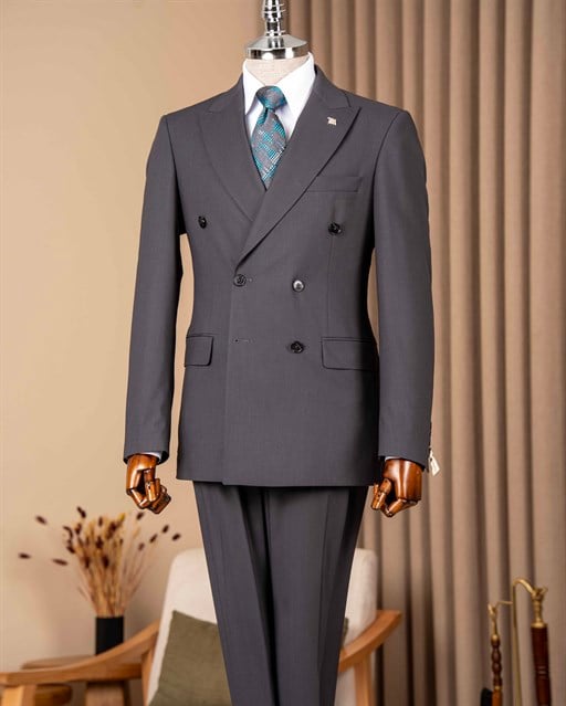 Slim fit erkek kruvaze sivri yaka ceket pantolon takım elbise antrasit T20172-08