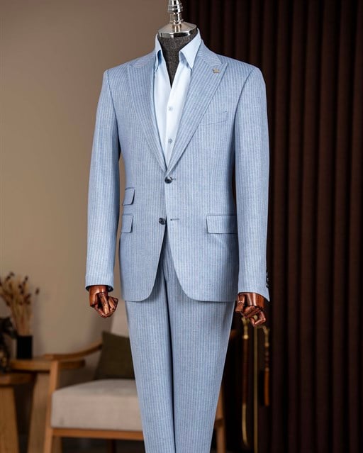 Slim fit erkek sivri yaka çizgili ceket pantalon takım elbise mavi T20114-19