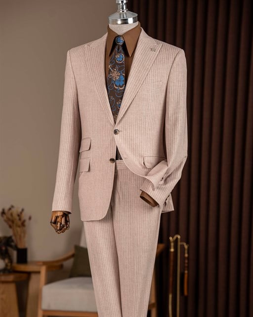 Slim fit erkek sivri yaka çizgili ceket pantalon takım elbise camel T20114-11