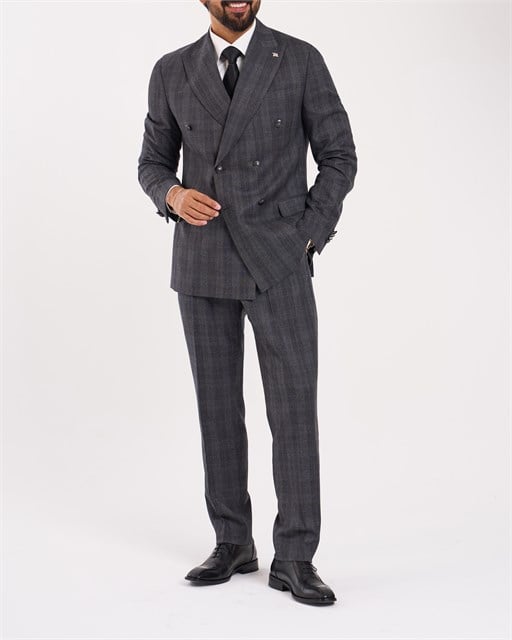 Slim fit kruvaze sivri yaka ekoseli yünlü erkek takım elbise antrasit T20325-08