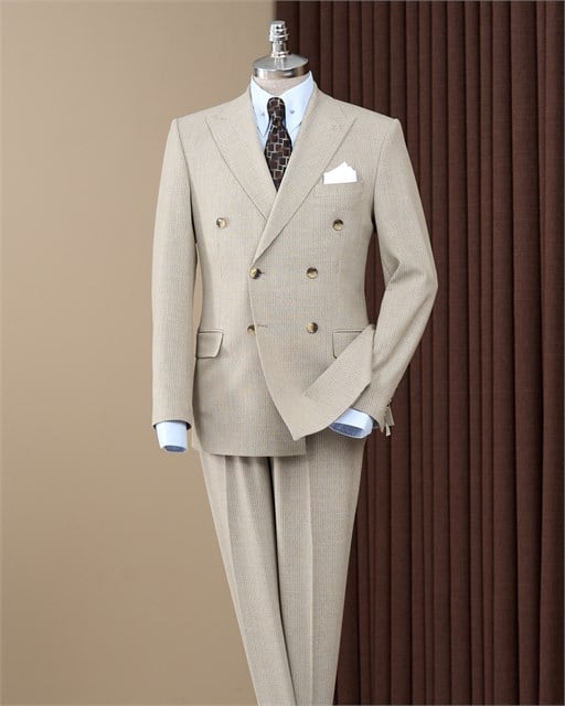 Slim fit kruvaze sivri yaka kapak cep çizgili erkek takım elbise bej T20205-09