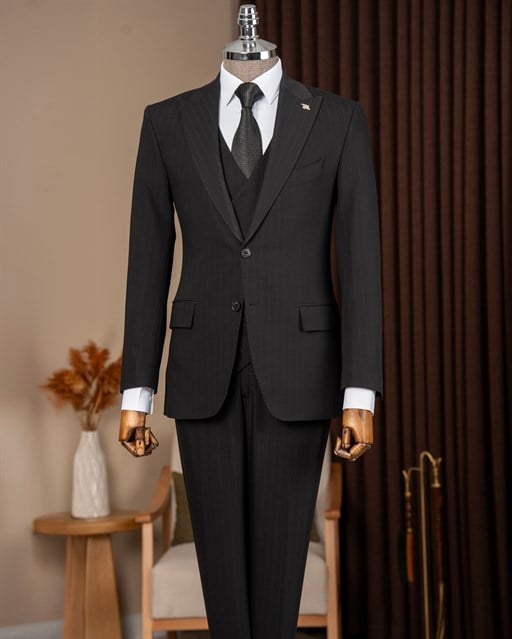 Slim fit erkek sivri yaka çizgili ceket yelek pantolon takım elbise siyah T20068-01