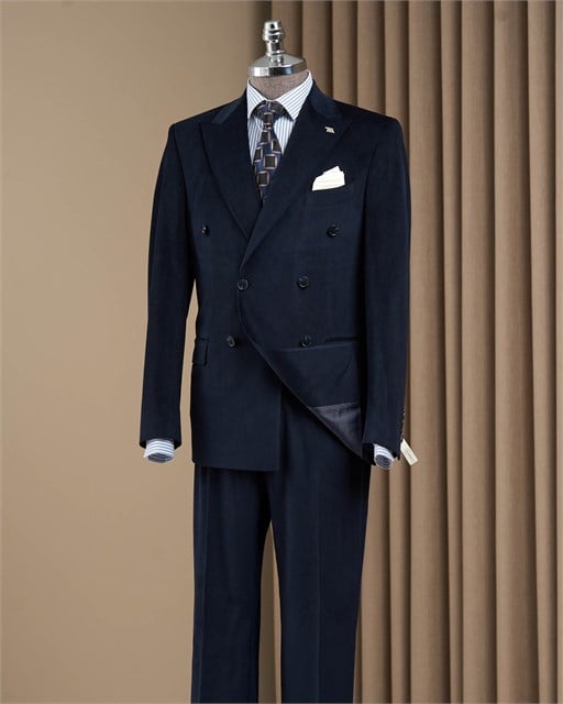 Slim fit sivri yaka kadife kalın fitilli erkek takım elbise lacivert T20179-02