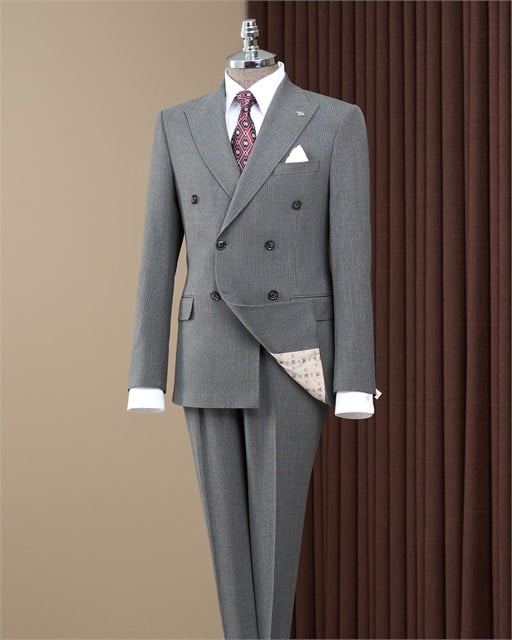 Slim fit kruvaze sivri yaka kapak cep çizgili erkek takım elbise gri T20205-04