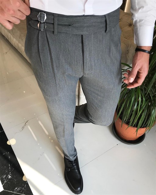 İtalyan kesim kemerli pileli erkek kumaş pantolon Lacivert T5822