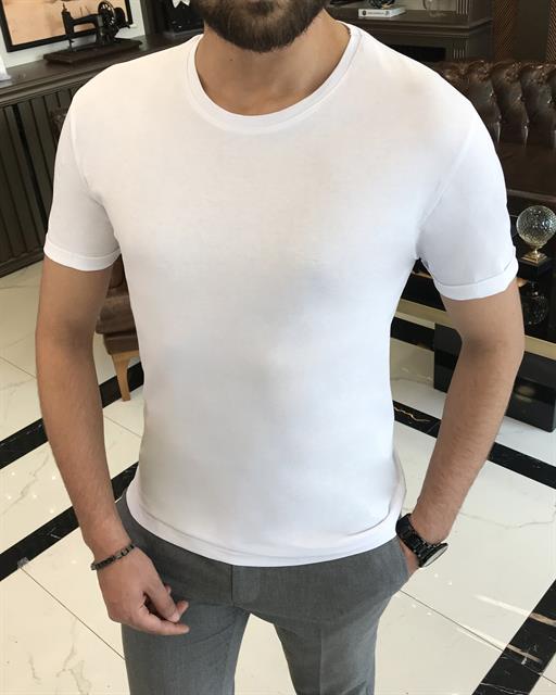 İtalyan stil armut yaka kısa kol basic t-shirt Beyaz T4656