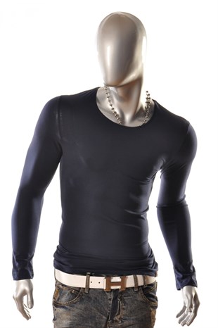 İtalyan stil armut yaka uzun kol basic t-shirt Lacivert T4641