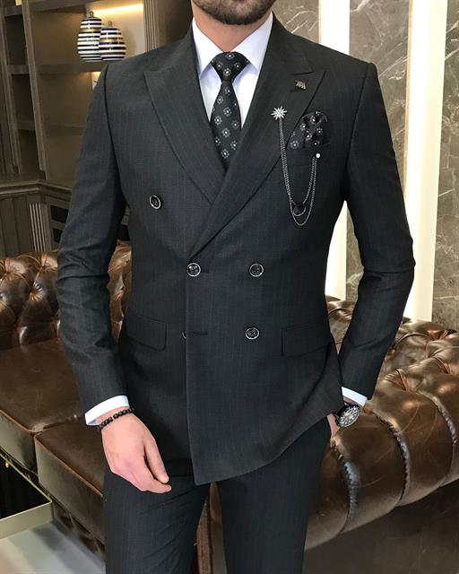 İtalyan stil çizgili kruvaze ceket pantolon takım elbise siyah T9068