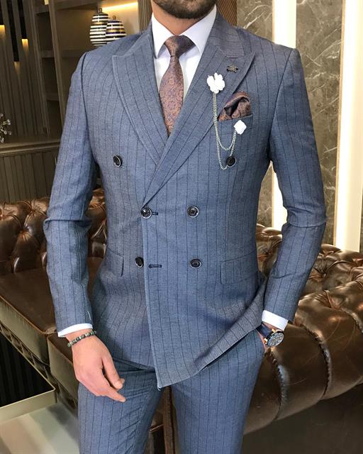 İtalyan stil çizgili kruvaze ceket pantolon takım elbise mavi T9067