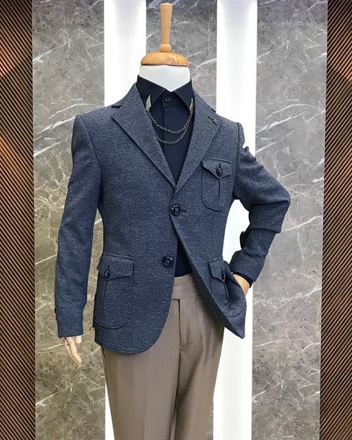 İtalyan stil erkek çocuk pamuk karışımlı mono yaka tek ceket Lacivert T8878
