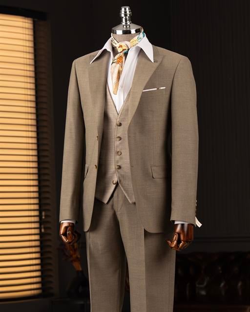 İtalyan stil kombin takım elbise ceket yelek pantalon haki T14036