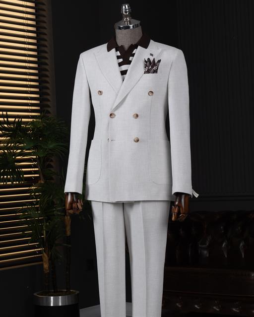 İtalyan stil kruvaze ceket pantolon takım elbise ekru T14031