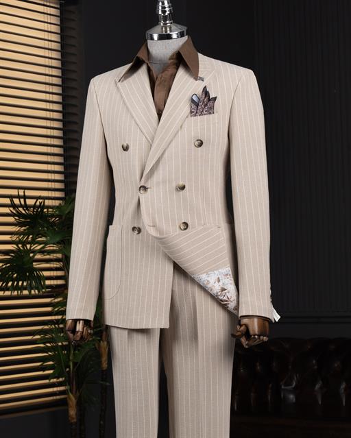 İtalyan stil kruvaze ceket pantolon takım elbise bej T14032