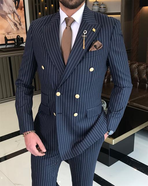 İtalyan stil kruvaze ceket pantolon takım elbise Lacivert T4333