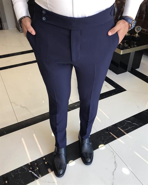 İtalyan stil slim fit bel detaylı erkek pantolon lacivert T9772