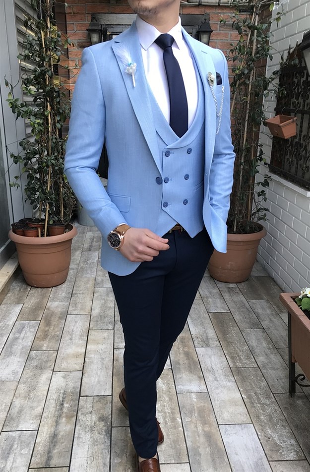İtalyan stil slim fit ceket yelek pantolon mavi kombin T3272