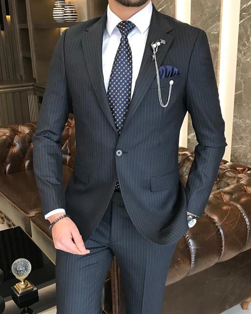 İtalyan stil slim fit çizgili erkek ceket pantolon takım elbise Lacivert T8680