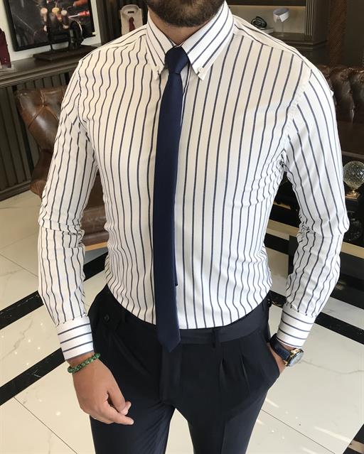 İtalyan stil slim fit çizgili erkek dik yaka gömlek beyaz T9246