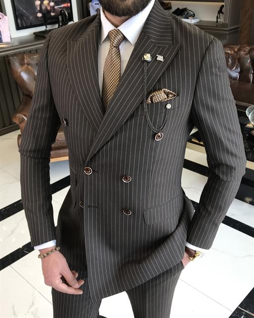 İtalyan stil slim fit çizgili kruvaze ceket pantolon takım elbise kahverengi T9553