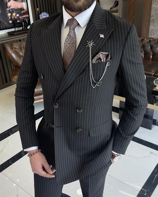 İtalyan stil slim fit çizgili kruvaze ceket pantolon takım elbise siyah T9554