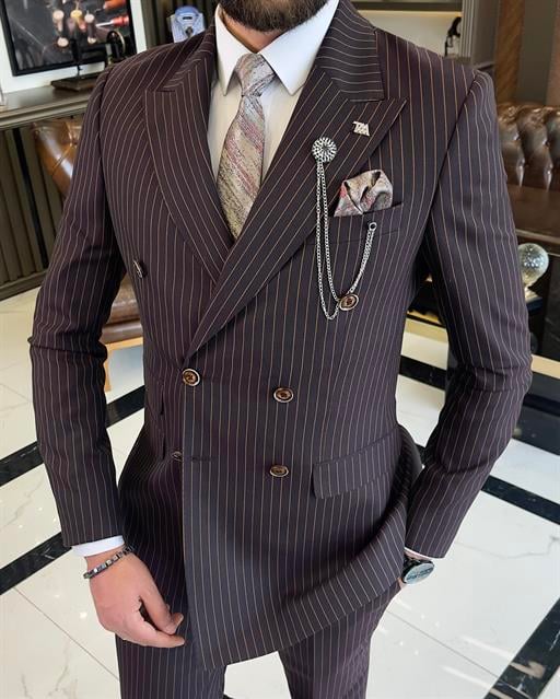 İtalyan stil slim fit çizgili kruvaze ceket pantolon takım elbise bordo T9550