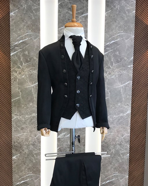 İtalyan stil slim fit düğme detaylı ceket yelek pantolon çocuk smokin set Siyah T8207