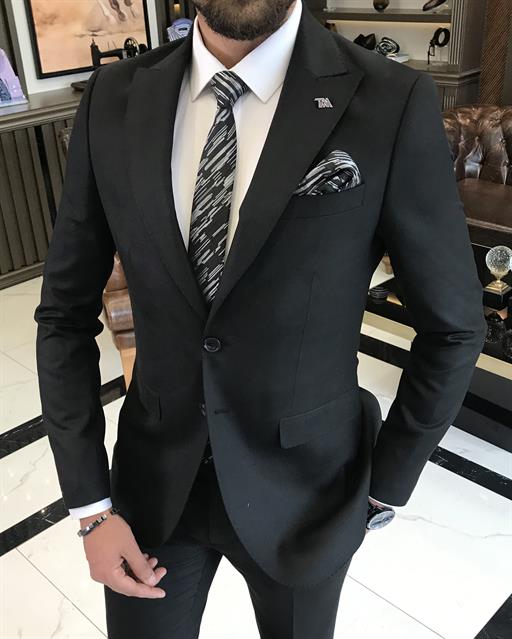 İtalyan stil slim fit ekose ceket pantolon takım elbise siyah T9566