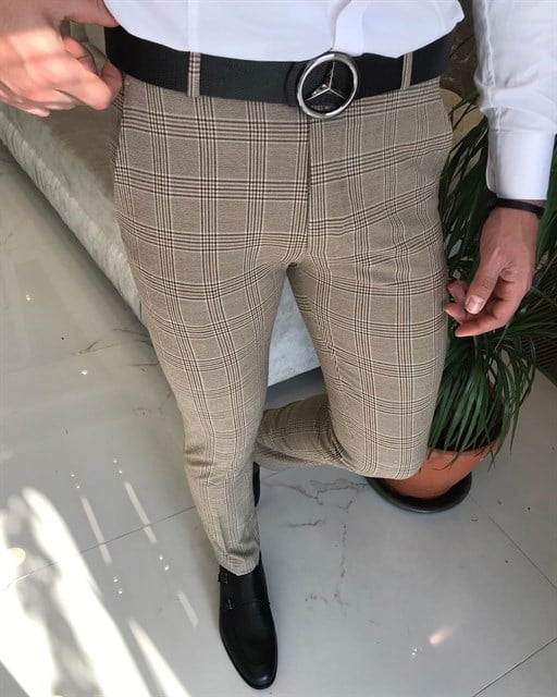 İtalyan stil slim fit erkek ekose pantolon Camel T8270