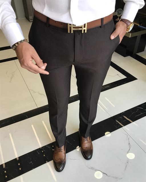 İtalyan stil slim fit erkek kumaş pantolon kahverengi T9727