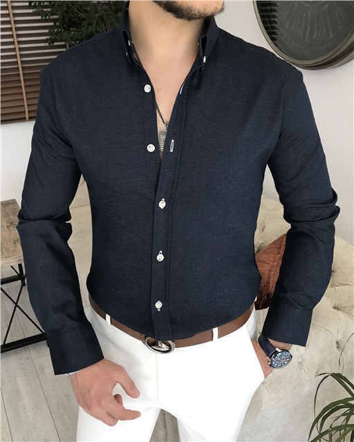 İtalyan stil slim fit erkek pamuklu gömlek lacivert T8049