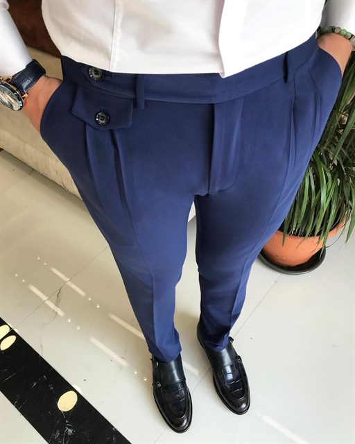 İtalyan stil slim fit erkek pileli kumaş pantolon Mavi T8848