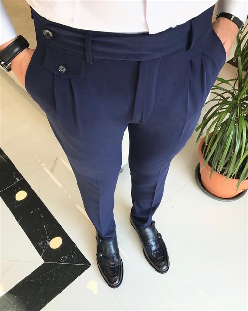 İtalyan stil slim fit erkek pileli kumaş pantolon Lacivert T8850