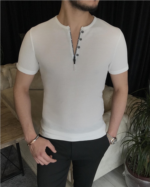 İtalyan stil slim fit fermuarlı kısa kollu pamuk triko tişört Beyaz T7421